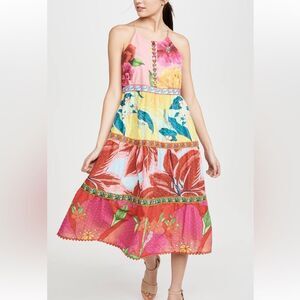 FARM Rio Tiered Cotton Tank Midi in Mixed Garden Floral Dress sz S